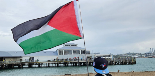 Iran war fallout – Trump is going to Beijing on bended knees A Canadian boy tourist holds a Palestinian flag aloft signalling to "no war" protesters on Devonport wharf