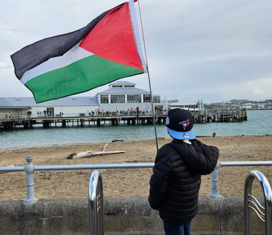 A Canadian boy tourist holds a Palestinian flag aloft signalling to "no war" protesters on Devonport wharf