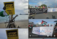 "Hands off Iran" . . . New Zealand protesters make their voices heard in opposition to the Israeli genocide in Gaza and the war on Iran near Devonport Naval Base in Auckland
