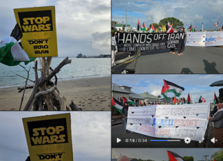 "Hands off Iran" . . . New Zealand protesters make their voices heard in opposition to the Israeli genocide in Gaza and the war on Iran near Devonport Naval Base in Auckland