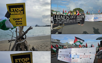 "Hands off Iran" . . . New Zealand protesters make their voices heard in opposition to the Israeli genocide in Gaza and the war on Iran near Devonport Naval Base in Auckland