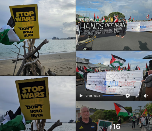 "Hands off Iran" . . . New Zealand protesters make their voices heard in opposition to the Israeli genocide in Gaza and the war on Iran near Devonport Naval Base in Auckland