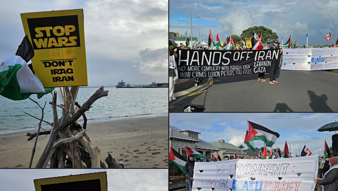 "Hands off Iran" . . . New Zealand protesters make their voices heard in opposition to the Israeli genocide in Gaza and the war on Iran near Devonport Naval Base in Auckland
