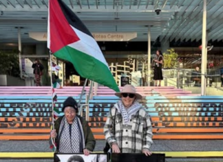 An Auckland Writers' Festival vigil with Marika (left) and Kathy