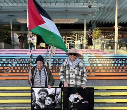 An Auckland Writers' Festival vigil with Marika (left) and Kathy