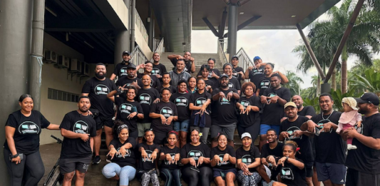 Fiji media workers of the Fijian Media Association celebrate a belated World Press Freedom Day in the capital Suva