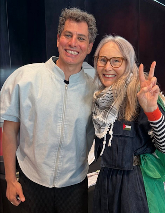"Palestine will be free" . . . PSNA activist Kathrine Ross makes a statement with Palestinian author Tareq Baconi