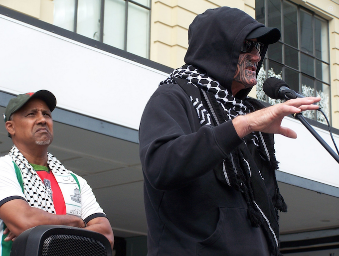 Global Sumud Flotilla Aotearoa activist Hāhona Ormsby speaking at the Auckland rally today