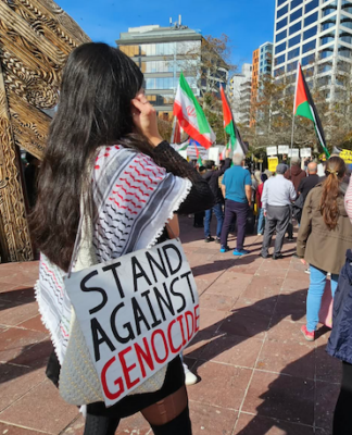 "I stand against genocide" placard at a Stop Wars protest in Auckland's Aotea Square last month