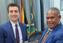 The French Ambassador to Vanuatu, Jean-Baptiste Jeangène Vilmer, with Vanuatu Prime Minister Jotham Napat in March last year