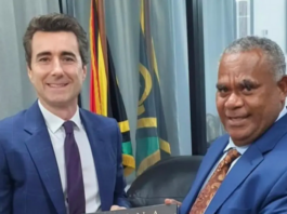The French Ambassador to Vanuatu, Jean-Baptiste Jeangène Vilmer, with Vanuatu Prime Minister Jotham Napat in March last year