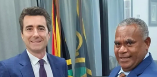 The French Ambassador to Vanuatu, Jean-Baptiste Jeangène Vilmer, with Vanuatu Prime Minister Jotham Napat in March last year
