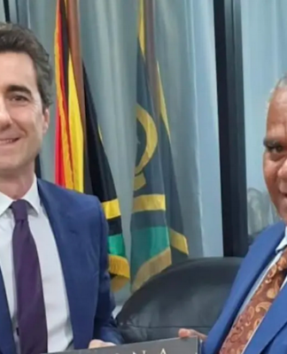 The French Ambassador to Vanuatu, Jean-Baptiste Jeangène Vilmer, with Vanuatu Prime Minister Jotham Napat in March last year