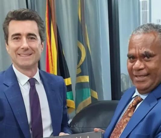 The French Ambassador to Vanuatu, Jean-Baptiste Jeangène Vilmer, with Vanuatu Prime Minister Jotham Napat in March last year