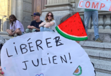 Julien Blondel's niece holds a "free Julien!" placard in French with a Palestinian watermelon logo