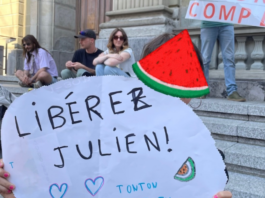 Julien Blondel's niece holds a "free Julien!" placard in French with a Palestinian watermelon logo