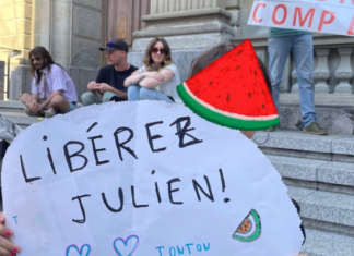 Julien Blondel's niece holds a "free Julien!" placard in French with a Palestinian watermelon logo