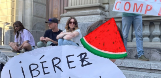 Julien Blondel's niece holds a "free Julien!" placard in French with a Palestinian watermelon logo