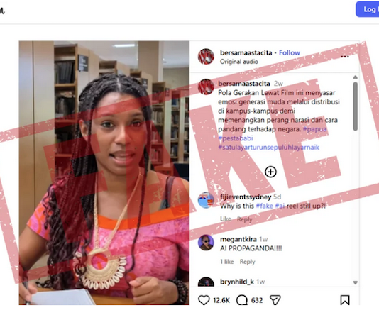 The AI-generated fake footage on Instagram shared by an Indonesian nationalist account @bersamaastacita showing Koteka Wenda speaking out