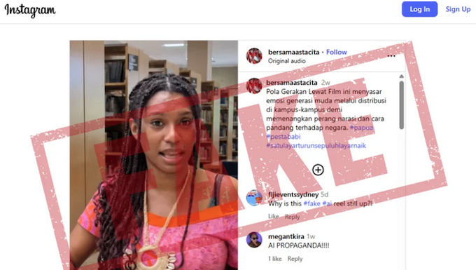 The AI-generated fake footage on Instagram shared by an Indonesian nationalist account @bersamaastacita showing Koteka Wenda speaking out