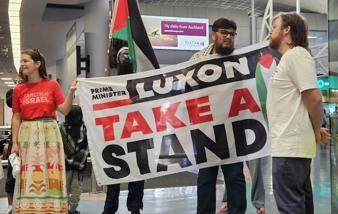 Luxon take a stand APR 680wide New Zealand Gaza flotilla supporters welcome home two Kiwi activists from brutal Israeli detention at the weekend