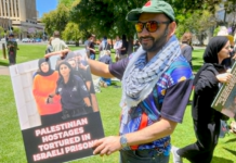Australian protesters condemn the torture of Palestinian prisoners held in Israeli jails at a demonstration in Adelaide, South Australia, in December 2025
