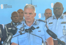 New Zealand Police Commissioner Richard Chambers flanked by regional police chiefs and Commissioner Rusiate Tudravu