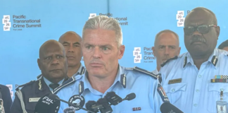 New Zealand Police Commissioner Richard Chambers flanked by regional police chiefs and Commissioner Rusiate Tudravu