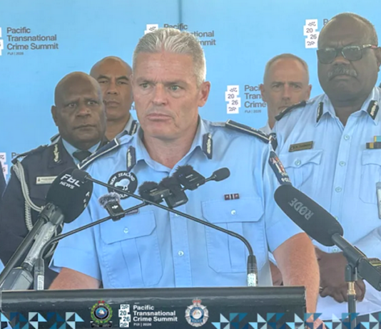 New Zealand Police Commissioner Richard Chambers flanked by regional police chiefs and Commissioner Rusiate Tudravu