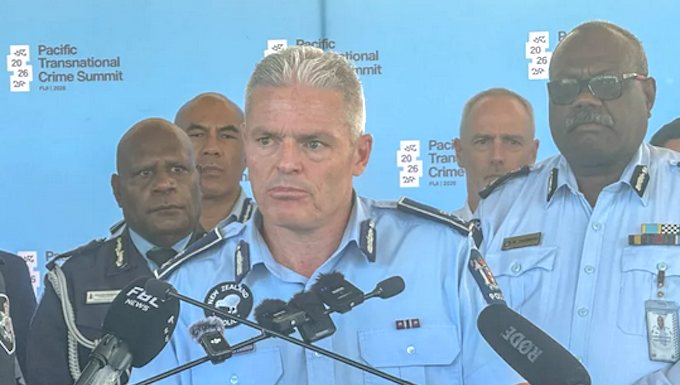 New Zealand Police Commissioner Richard Chambers flanked by regional police chiefs and Commissioner Rusiate Tudravu