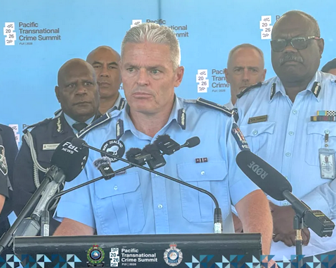 Richard Chambers RNZ 680wide New Zealand Police Commissioner Richard Chambers flanked by regional police chiefs and Commissioner Rusiate Tudravu