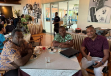 Solomon Islands journalists Eddie Osifelo (from left), Jenny Kay and Robert Iroga at the 2026 World Press Freedom Day celebration in Honiara