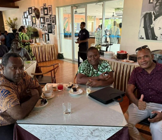Solomon Islands journalists Eddie Osifelo (from left), Jenny Kay and Robert Iroga at the 2026 World Press Freedom Day celebration in Honiara