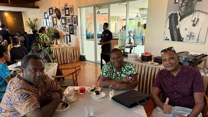 Solomon Islands journalists Eddie Osifelo (from left), Jenny Kay and Robert Iroga at the 2026 World Press Freedom Day celebration in Honiara