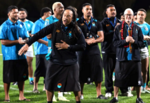 Moana Pasifika head coach Tana Umaga sings and dances along to a cultural song after Saturday's Super Rugby Pacific Round 15 match