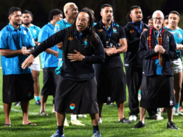 Moana Pasifika head coach Tana Umaga sings and dances along to a cultural song after Saturday's Super Rugby Pacific Round 15 match