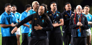 Moana Pasifika head coach Tana Umaga sings and dances along to a cultural song after Saturday's Super Rugby Pacific Round 15 match