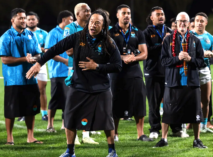 Tana Umaga RNZ 680wide Moana Pasifika head coach Tana Umaga sings and dances along to a cultural song after Saturday's Super Rugby Pacific Round 15 match