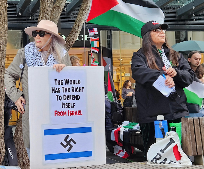 A "The world has a right to defend itself from Israel" placard at today's Auckland pro-Palestine rally . . . pictured are Kathy Ross (left, with placard) and Leeann Wahanui-Peters