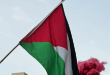 Pro-Palestine protesters set off a blood-red flare outside the US Consulate in the peaceful March for Peace demonstration in Auckland