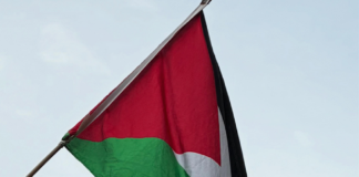 Pro-Palestine protesters set off a blood-red flare outside the US Consulate in the peaceful March for Peace demonstration in Auckland
