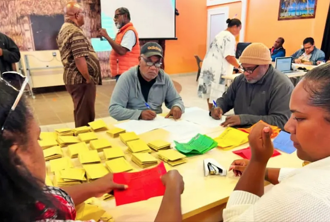 New Caledonia election vote counting underway at a polling station in Koné, Northern province