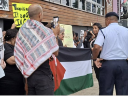 Fiji police questioning protesters at the pro-Palestine picket across the street from the new Israeli Embassy in Suva being officially opened today