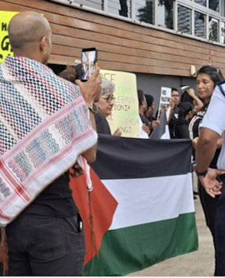 Fiji police questioning protesters at the pro-Palestine picket across the street from the new Israeli Embassy in Suva being officially opened today