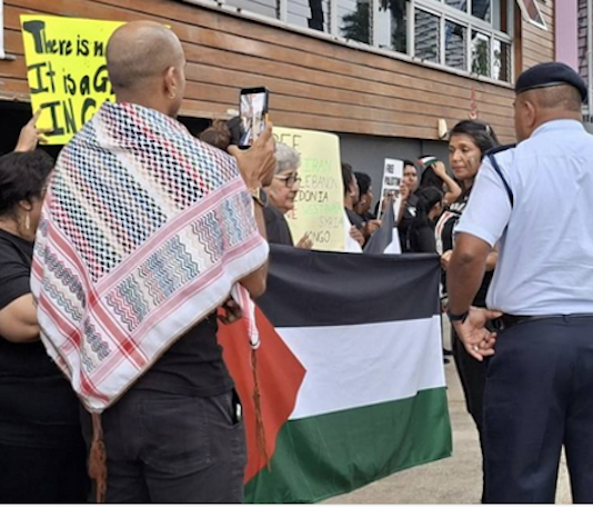 Fiji police questioning protesters at the pro-Palestine picket across the street from the new Israeli Embassy in Suva being officially opened today