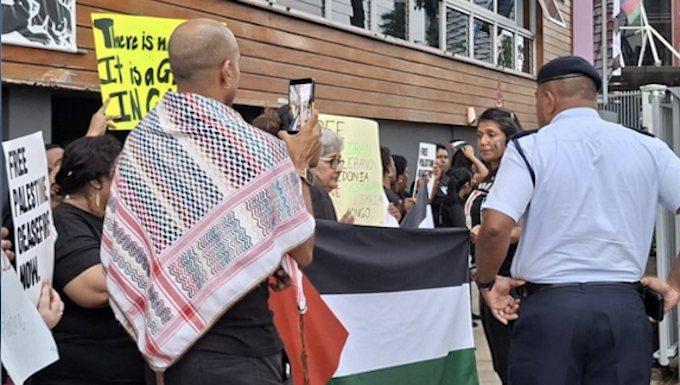 Fiji police questioning protesters at the pro-Palestine picket across the street from the new Israeli Embassy in Suva being officially opened today