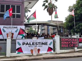 Kanaky, Palestinian and West Papua flags flying at the Fiji Women's Crisis Centre last week during a protest against the opening of the Israeli Embassy in Suva