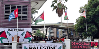Te Kuaka advocacy group calls for NZ transparent, independent ‘Pacific foreign policy’ Kanaky, Palestinian and West Papua flags flying at the Fiji Women's Crisis Centre last week during a protest against the opening of the Israeli Embassy in Suva