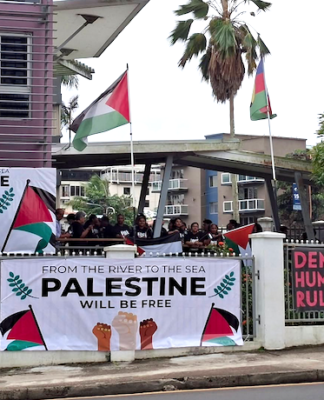 Kanaky, Palestinian and West Papua flags flying at the Fiji Women's Crisis Centre last week during a protest against the opening of the Israeli Embassy in Suva