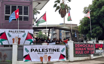 Kanaky, Palestinian and West Papua flags flying at the Fiji Women's Crisis Centre last week during a protest against the opening of the Israeli Embassy in Suva